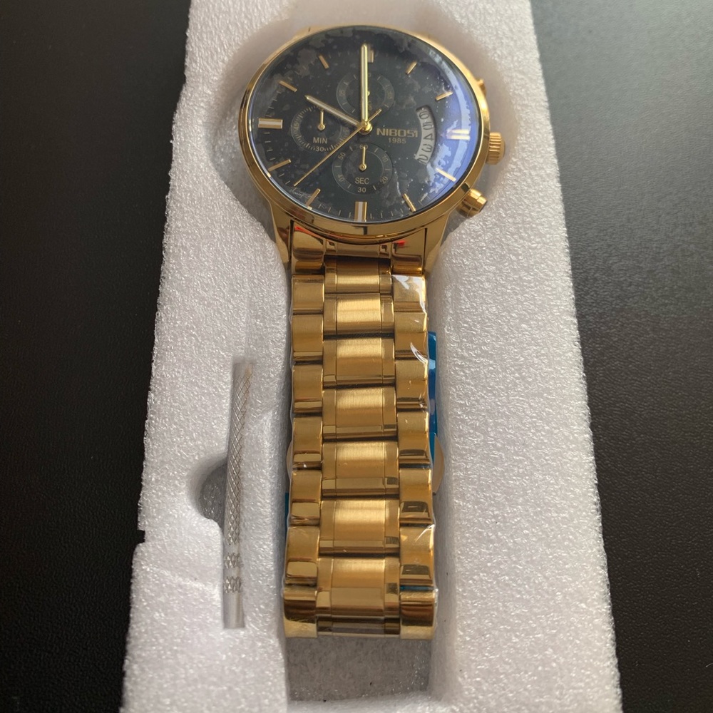 Mens Watch 43mm Black & Gold Solid Stainless